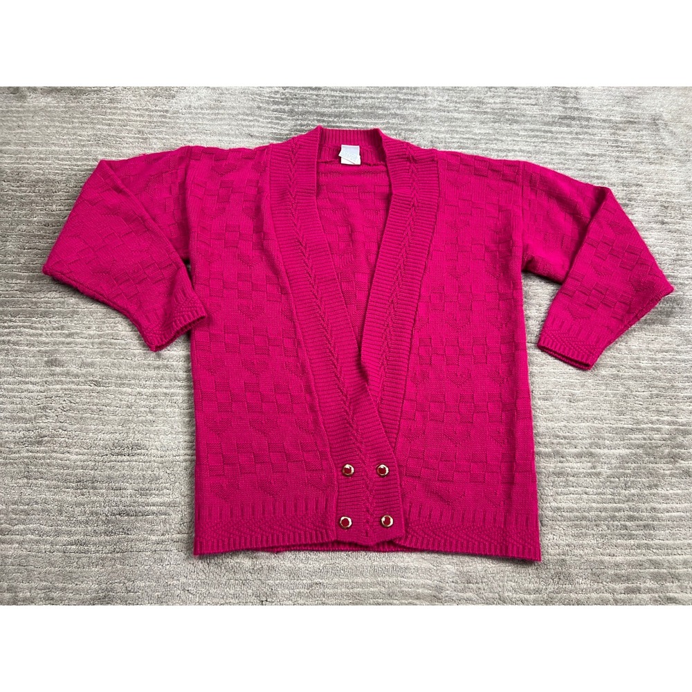 Basic Editions Cardigan Womens L Pink Vintage Heart Checkerboard Knit Button USA